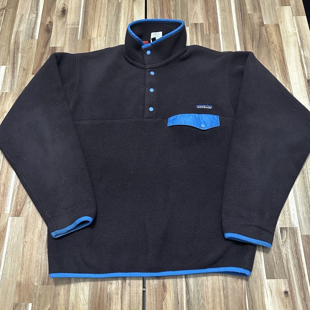 Patagonia Synchilla Mens Small Brown Blue Fleece Pullover Sweater Snap Button